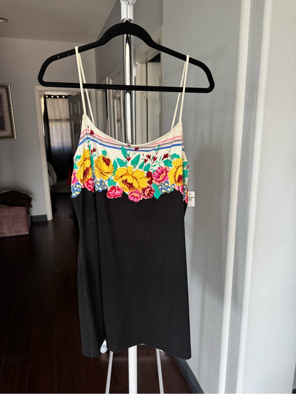 NWT Free People Black Dress with Cream Straps and Multicolor Floral Yoke